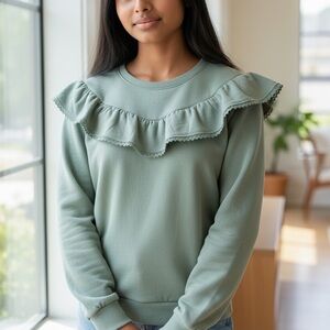 Lucky Brand Girls XL 16 Sweatshirts NWT | Sage & Red Ruffle Collar Crewneck Pull